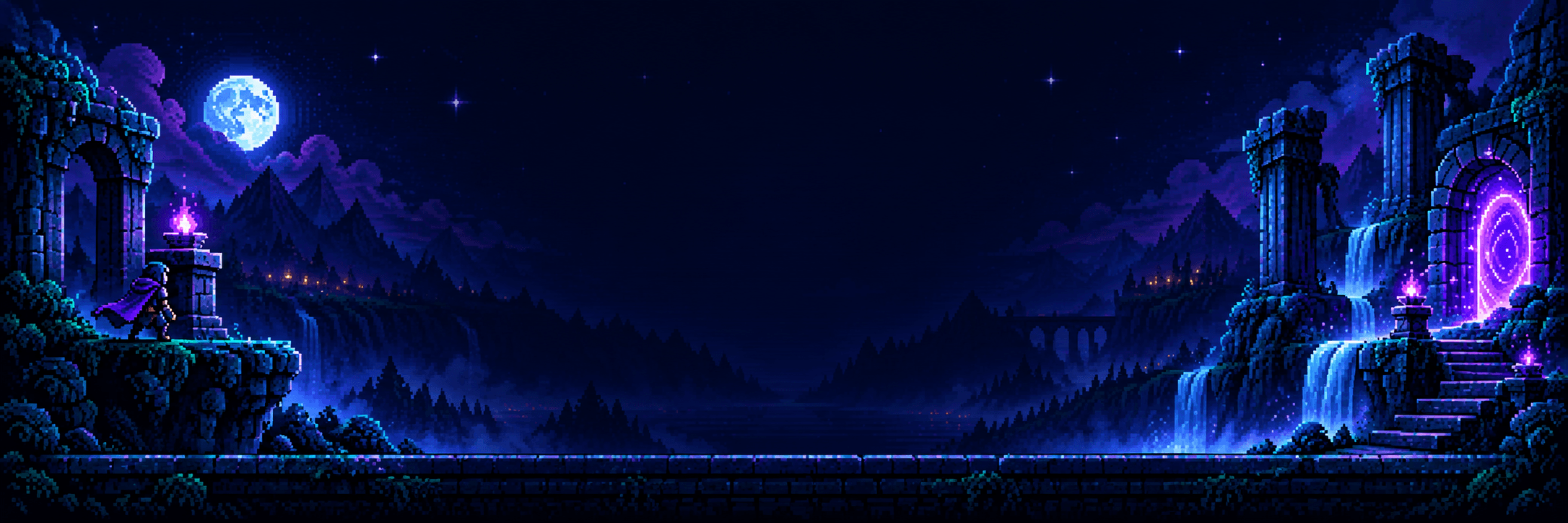 Pixel-art fantasy night panorama — a cloaked adventurer on a cliff and a glowing portal across a moonlit valley of waterfalls and mountains