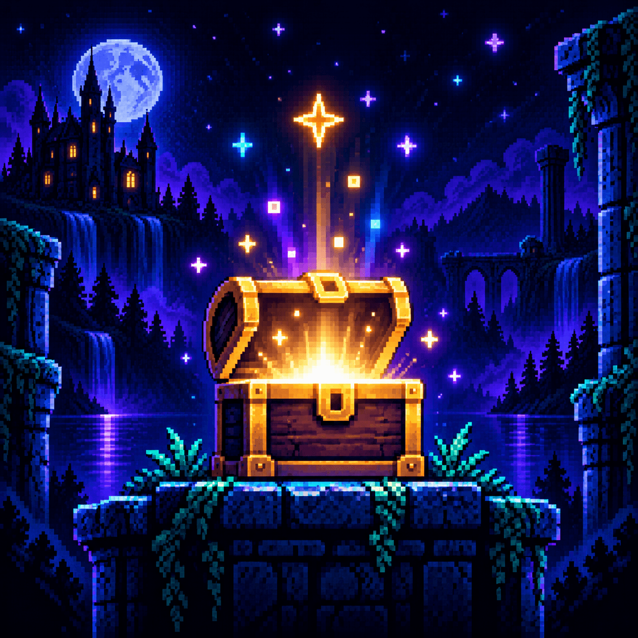 Pixel-art glowing open treasure chest on a mossy pedestal, gold light spilling out against a moonlit castle valley