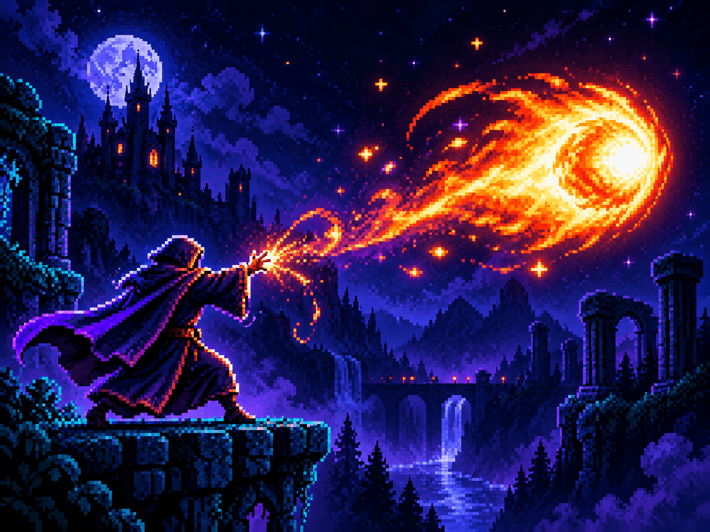 Pixel-art robed mage casting a blazing fireball across a moonlit valley