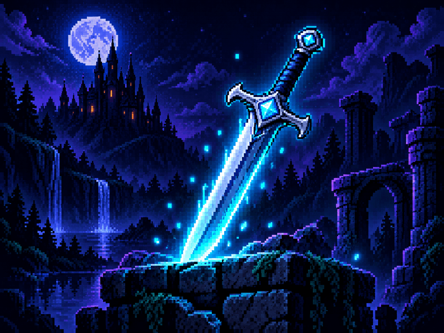 Pixel-art glowing blue sword embedded in a mossy stone altar at night